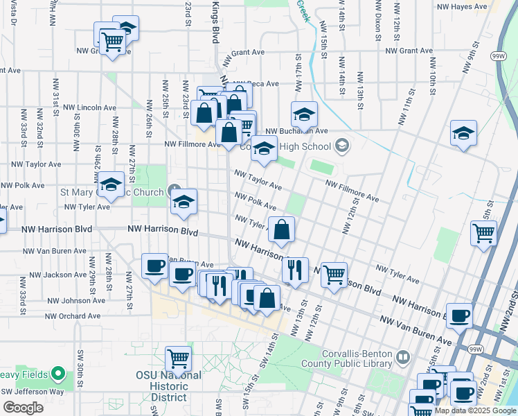 map of restaurants, bars, coffee shops, grocery stores, and more near 1750 Northwest Polk Avenue in Corvallis