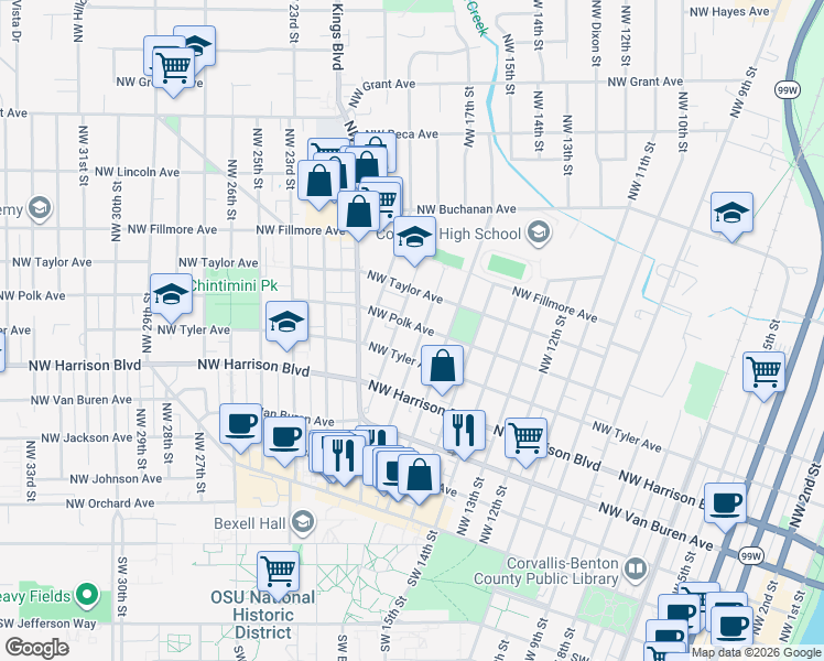 map of restaurants, bars, coffee shops, grocery stores, and more near 528 Northwest 17th Street in Corvallis