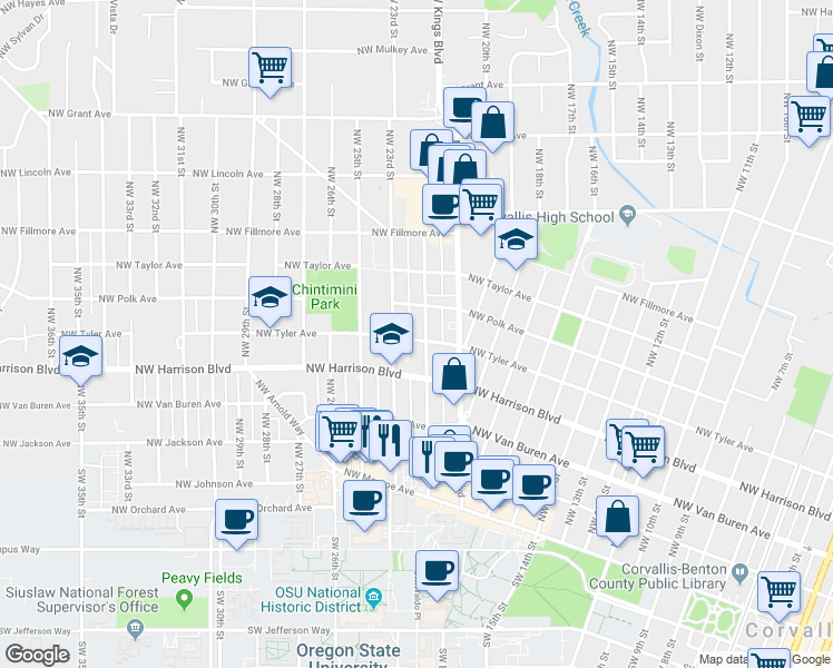 map of restaurants, bars, coffee shops, grocery stores, and more near 465 Northwest 23rd Street in Corvallis