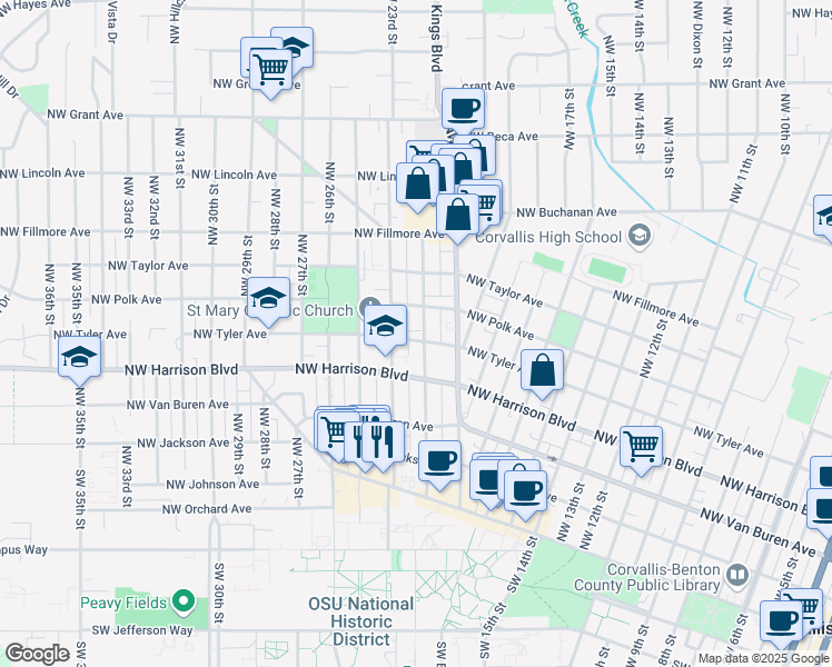map of restaurants, bars, coffee shops, grocery stores, and more near 465 Northwest 23rd Street in Corvallis
