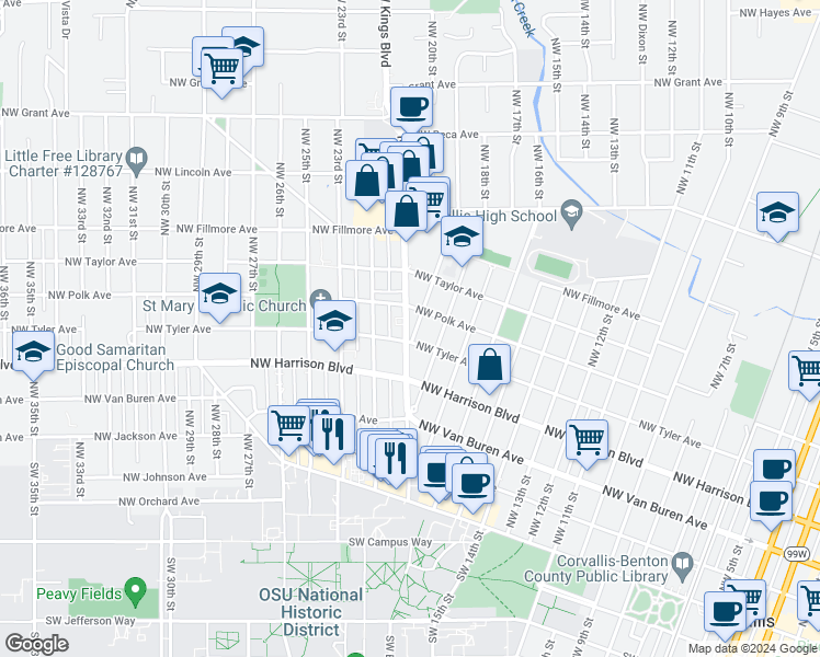 map of restaurants, bars, coffee shops, grocery stores, and more near 513 Northwest Kings Boulevard in Corvallis