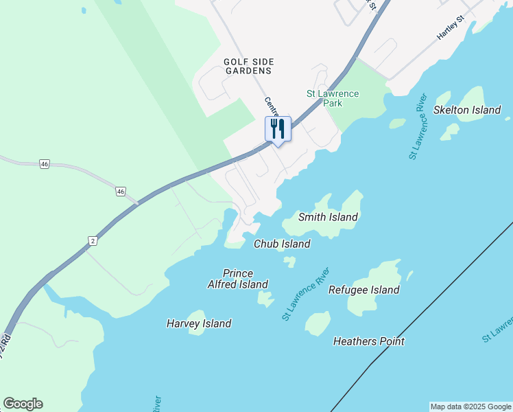 map of restaurants, bars, coffee shops, grocery stores, and more near 23 Country Club Place in Brockville