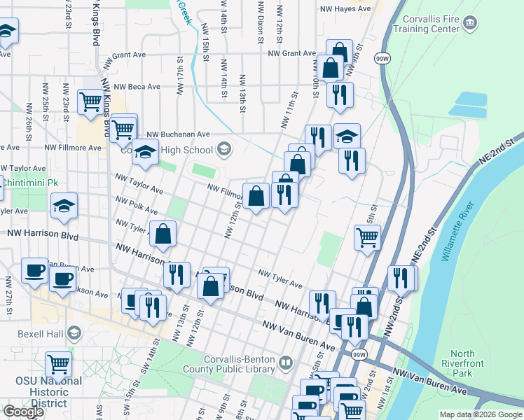 map of restaurants, bars, coffee shops, grocery stores, and more near 1010-1062 Northwest Fillmore Avenue in Corvallis