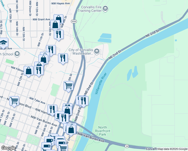 map of restaurants, bars, coffee shops, grocery stores, and more near 1122 Northeast 2nd Street in Corvallis