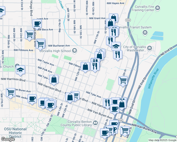 map of restaurants, bars, coffee shops, grocery stores, and more near 1010 Northwest Fillmore Avenue in Corvallis