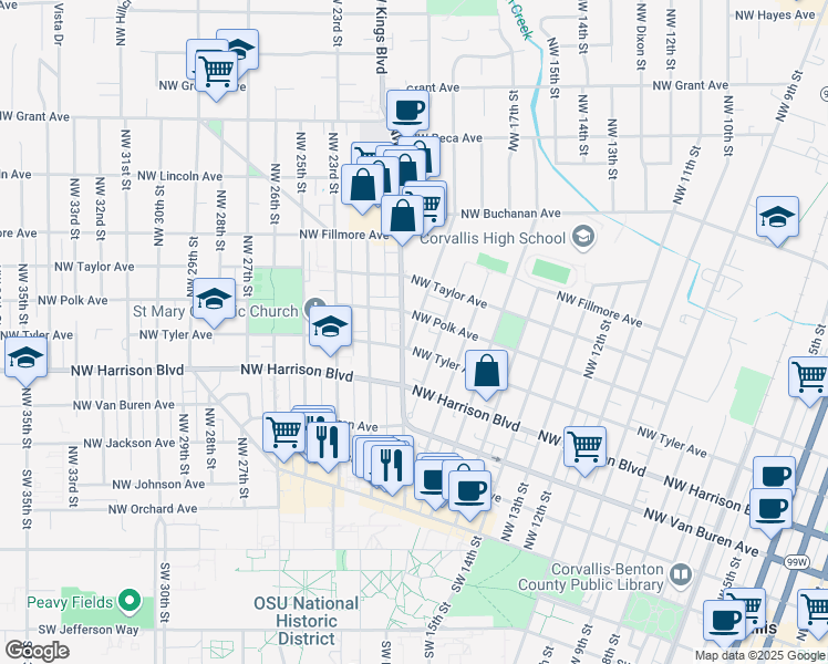 map of restaurants, bars, coffee shops, grocery stores, and more near 1855 Northwest Tyler Avenue in Corvallis