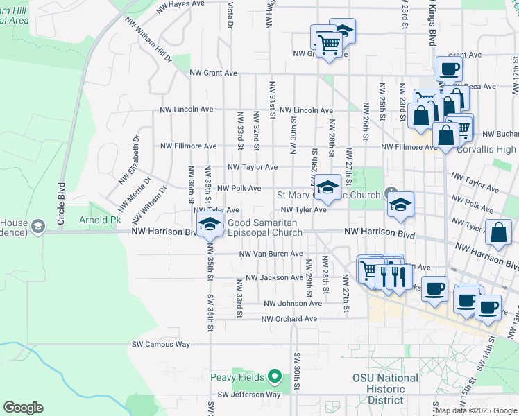 map of restaurants, bars, coffee shops, grocery stores, and more near 510 Northwest 31st Street in Corvallis