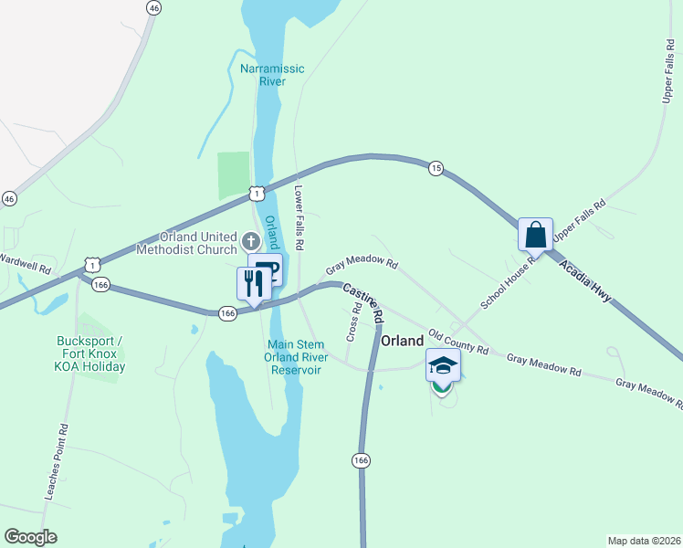 map of restaurants, bars, coffee shops, grocery stores, and more near 150 Castine Road in Orland