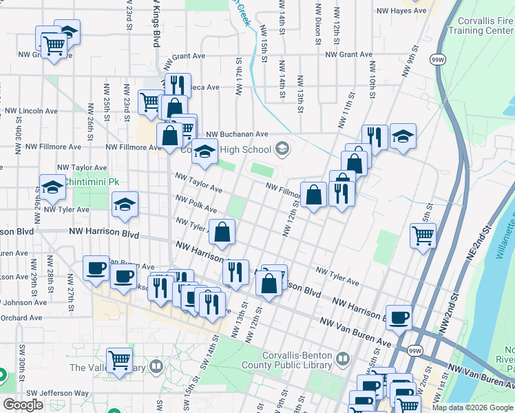 map of restaurants, bars, coffee shops, grocery stores, and more near 644 Northwest 14th Street in Corvallis