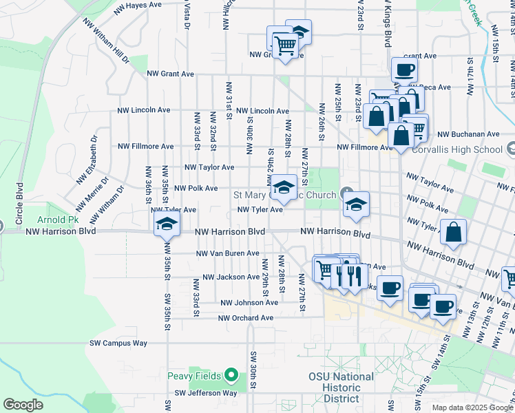 map of restaurants, bars, coffee shops, grocery stores, and more near 2949 Northwest Tyler Avenue in Corvallis