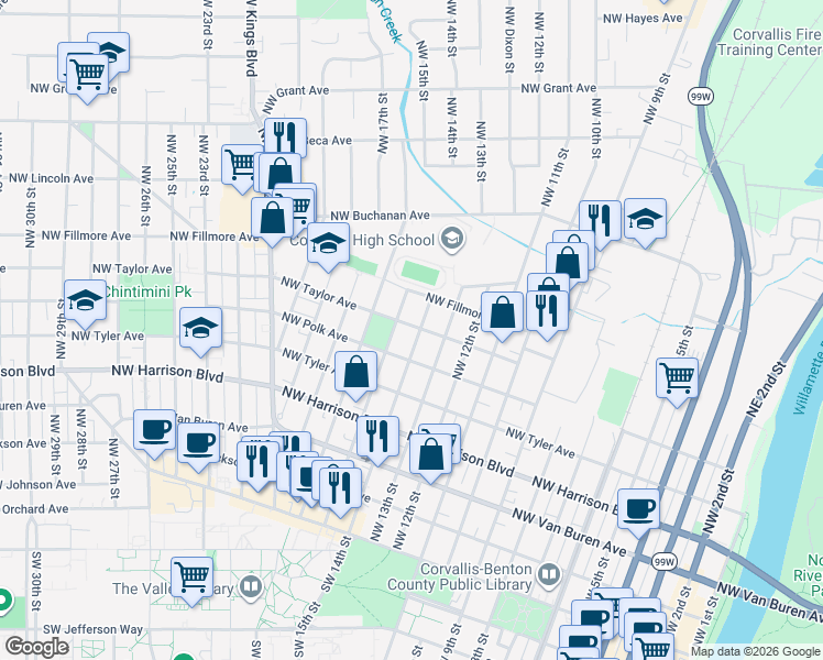 map of restaurants, bars, coffee shops, grocery stores, and more near 644 Northwest 14th Street in Corvallis