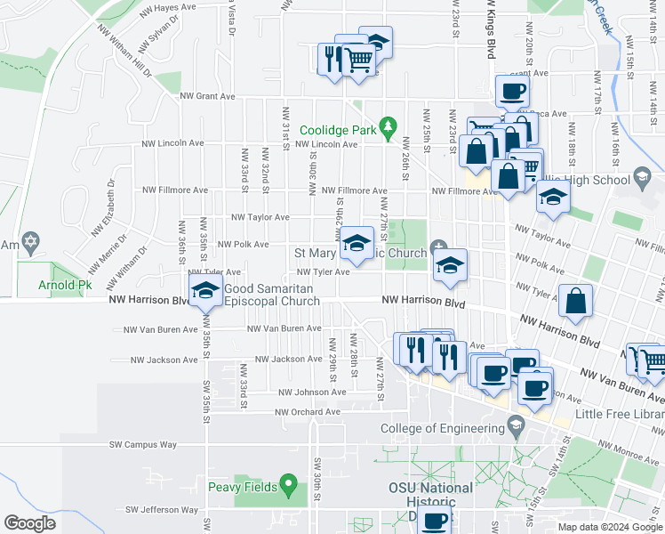 map of restaurants, bars, coffee shops, grocery stores, and more near 2911 Northwest Tyler Avenue in Corvallis