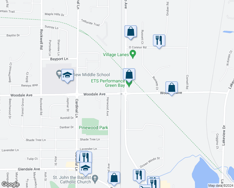 map of restaurants, bars, coffee shops, grocery stores, and more near 2401 Woodale Avenue in Howard