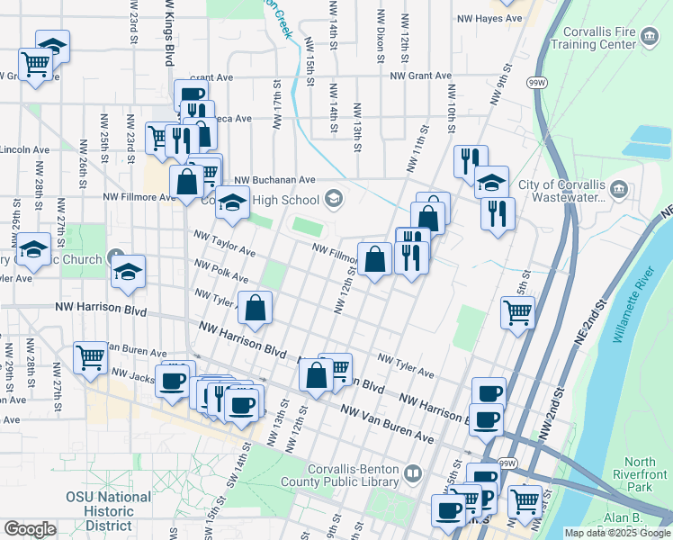 map of restaurants, bars, coffee shops, grocery stores, and more near 721 Northwest 13th Street in Corvallis