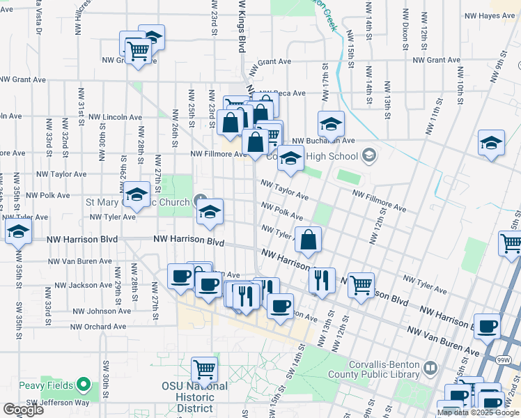 map of restaurants, bars, coffee shops, grocery stores, and more near 560 Northwest 19th Street in Corvallis