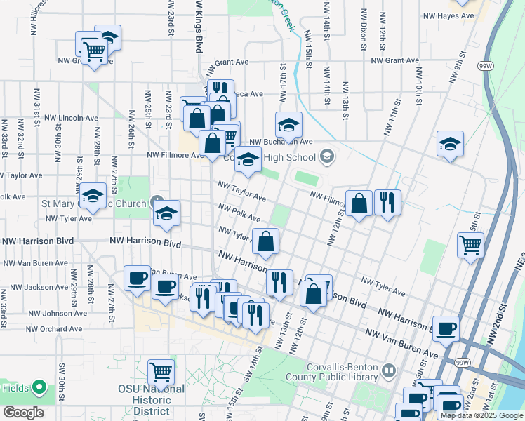 map of restaurants, bars, coffee shops, grocery stores, and more near 621 Northwest 17th Street in Corvallis