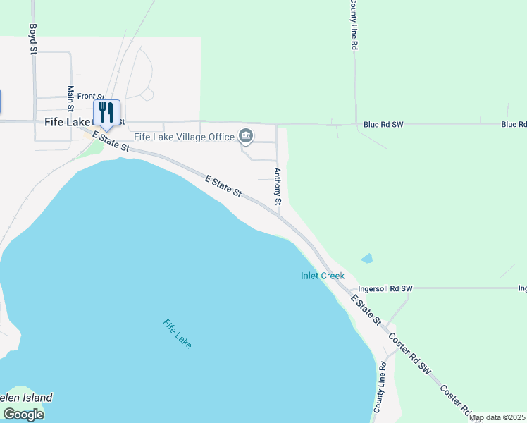 map of restaurants, bars, coffee shops, grocery stores, and more near 626 East State Street in Fife Lake