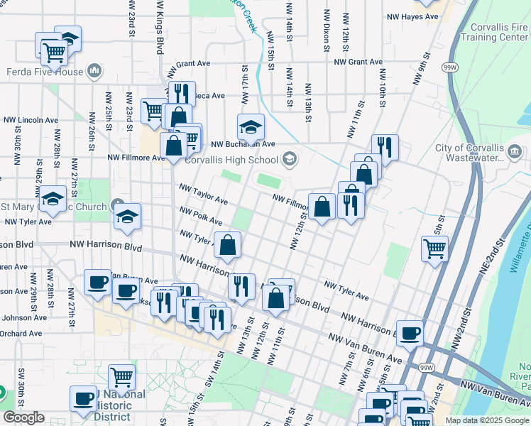 map of restaurants, bars, coffee shops, grocery stores, and more near 620 Northwest 14th Street in Corvallis