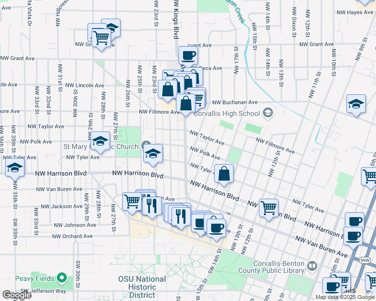 map of restaurants, bars, coffee shops, grocery stores, and more near 555 Northwest Kings Boulevard in Corvallis