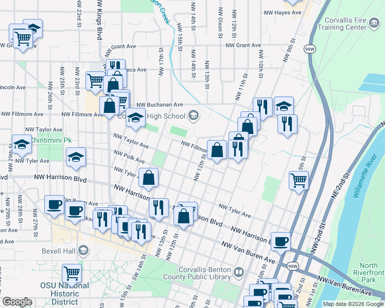 map of restaurants, bars, coffee shops, grocery stores, and more near 725 Northwest 13th Street in Corvallis