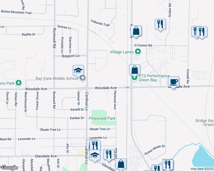 map of restaurants, bars, coffee shops, grocery stores, and more near 2456 Woodale Avenue in Green Bay