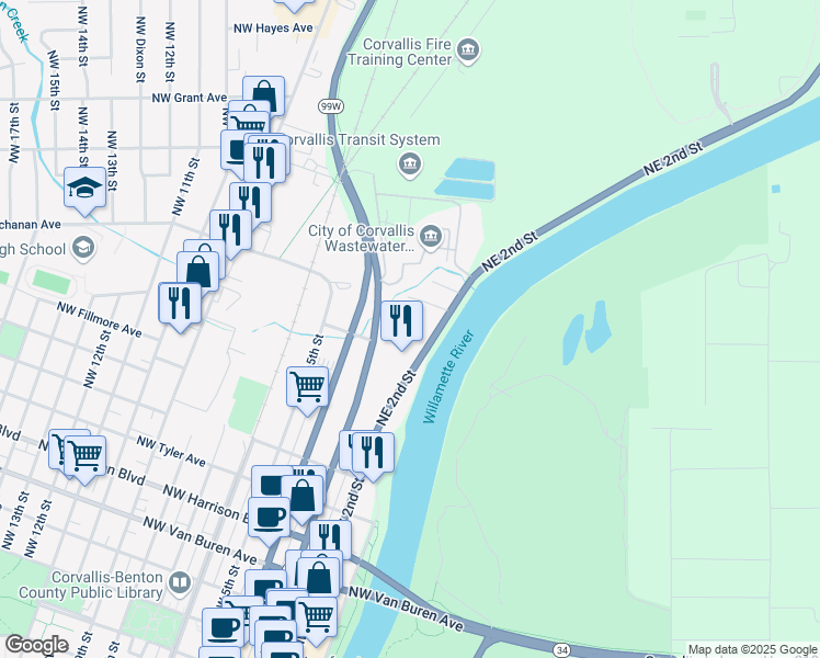 map of restaurants, bars, coffee shops, grocery stores, and more near 1122 Northeast 2nd Street in Corvallis