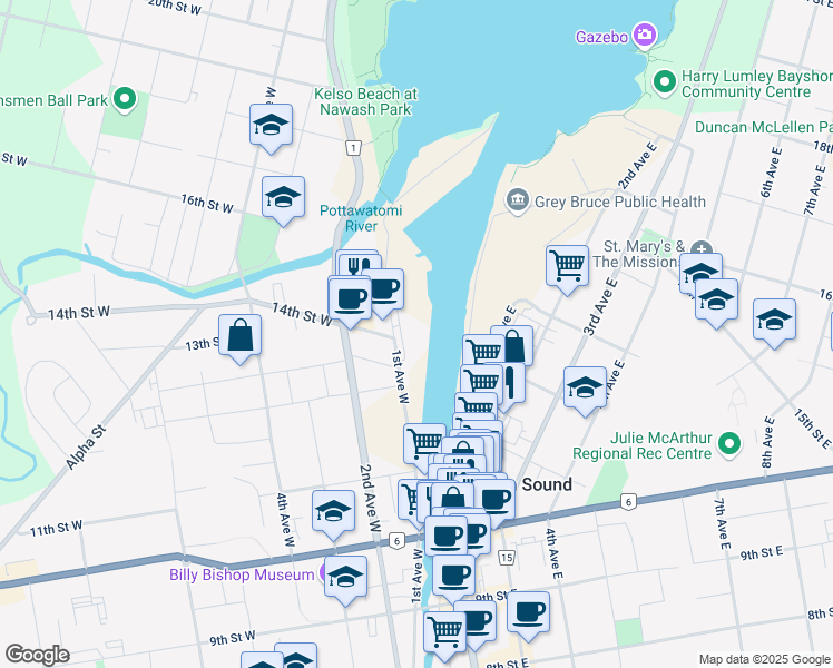 map of restaurants, bars, coffee shops, grocery stores, and more near 1415 1st Avenue West in Owen Sound