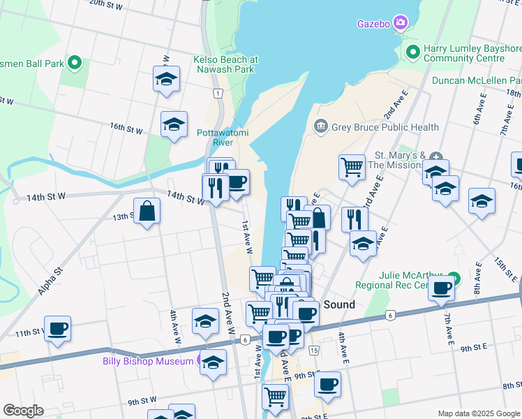 map of restaurants, bars, coffee shops, grocery stores, and more near 1415 1st Avenue West in Owen Sound