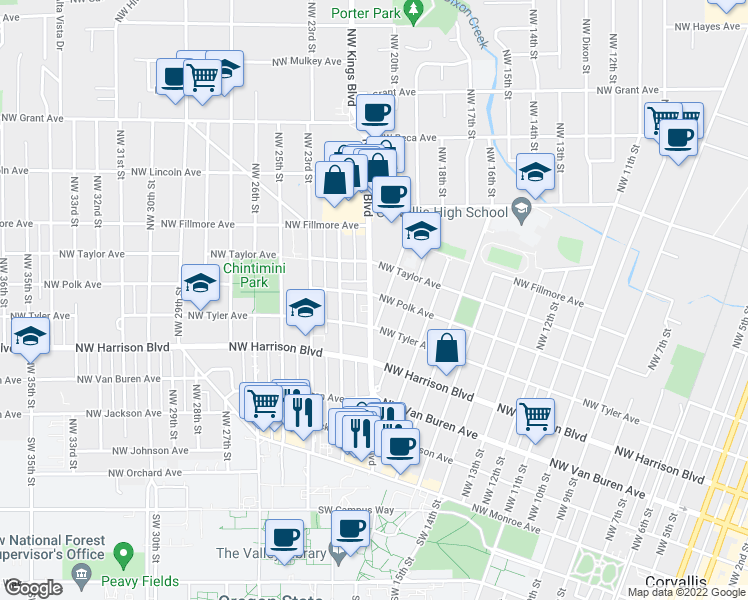 map of restaurants, bars, coffee shops, grocery stores, and more near 1855 Northwest Tyler Avenue in Corvallis