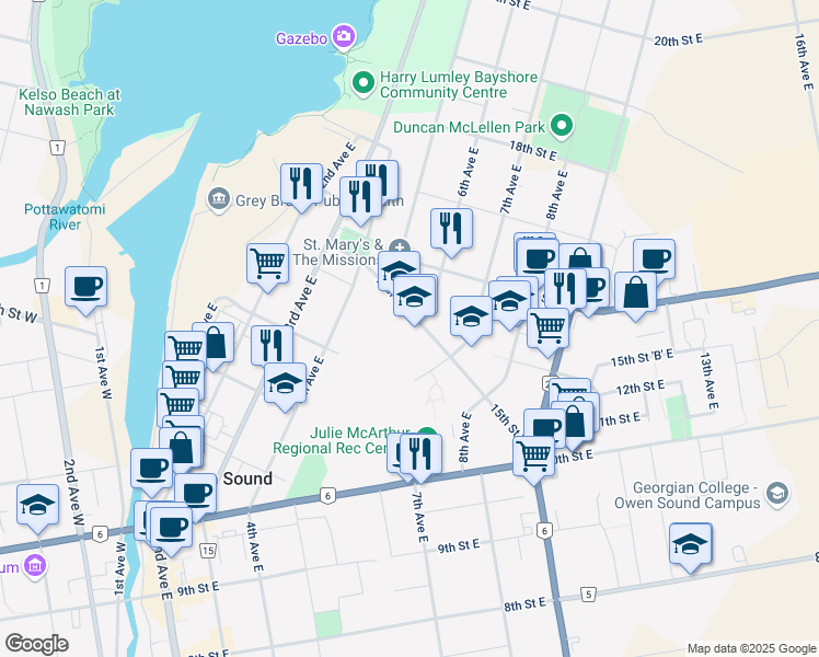 map of restaurants, bars, coffee shops, grocery stores, and more near 555 15th Street East in Owen Sound