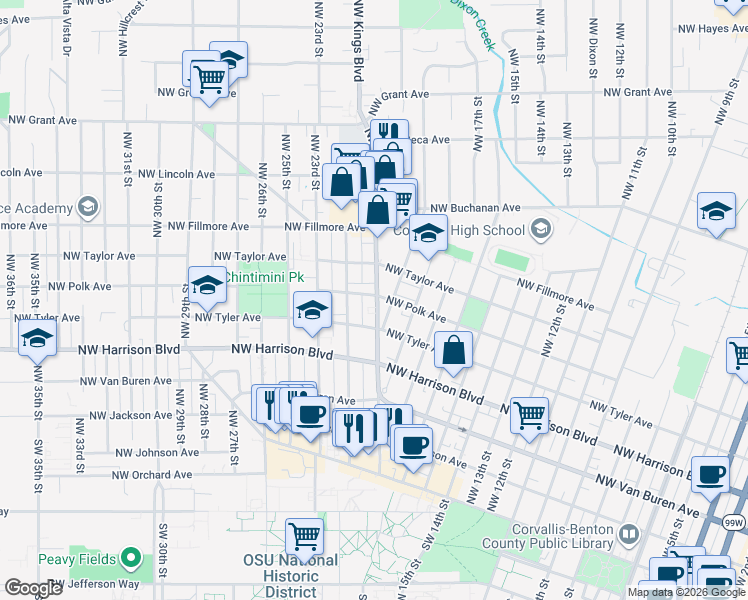map of restaurants, bars, coffee shops, grocery stores, and more near 2014 Northwest Polk Avenue in Corvallis