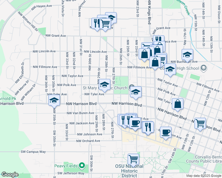 map of restaurants, bars, coffee shops, grocery stores, and more near 530 Northwest 27th Street in Corvallis