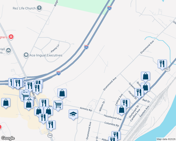 map of restaurants, bars, coffee shops, grocery stores, and more near 70 Industrial Street in Waterville