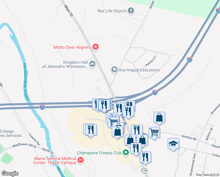 map of restaurants, bars, coffee shops, grocery stores, and more near 399 Main Street in Waterville