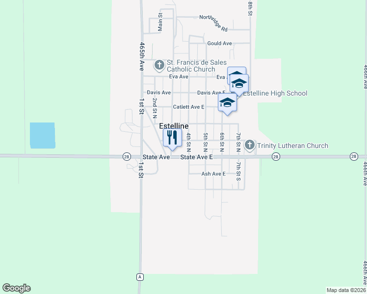 map of restaurants, bars, coffee shops, grocery stores, and more near 300-398 Arthur Avenue East in Estelline