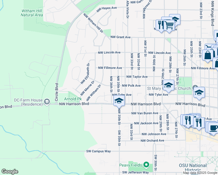 map of restaurants, bars, coffee shops, grocery stores, and more near 3606 Northwest Polk Avenue in Corvallis