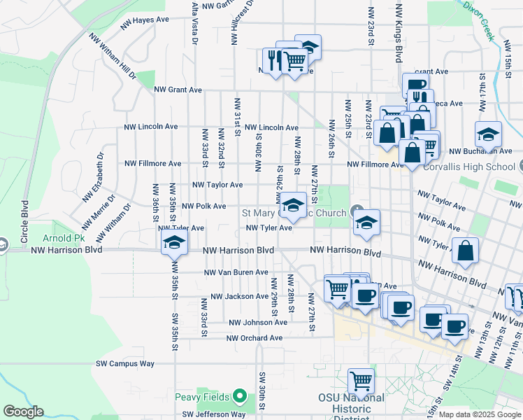 map of restaurants, bars, coffee shops, grocery stores, and more near 600 Northwest 30th Street in Corvallis