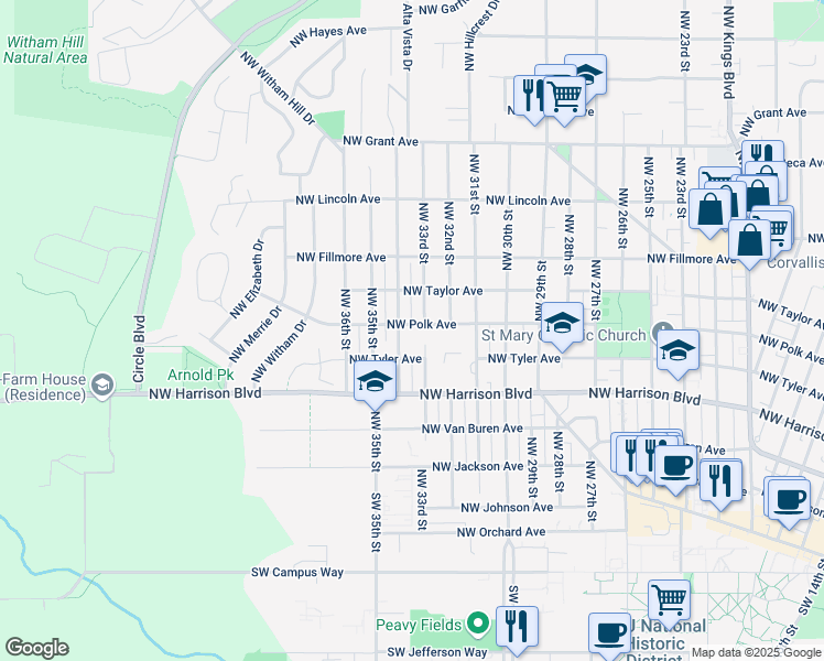 map of restaurants, bars, coffee shops, grocery stores, and more near 618 Northwest 33rd Street in Corvallis