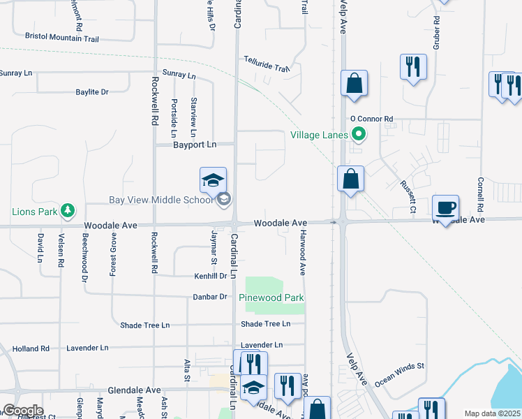 map of restaurants, bars, coffee shops, grocery stores, and more near 2526 Woodale Avenue in Green Bay