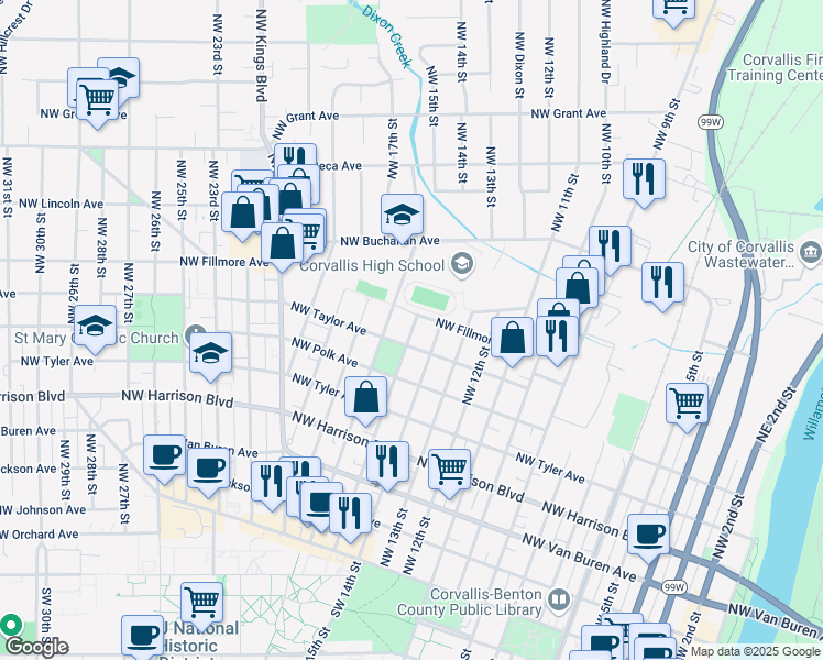 map of restaurants, bars, coffee shops, grocery stores, and more near 746 Northwest 15th Street in Corvallis