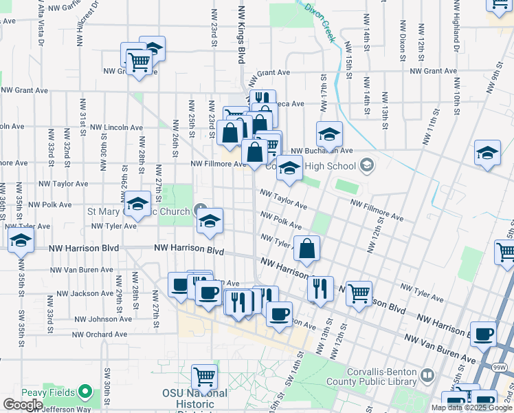 map of restaurants, bars, coffee shops, grocery stores, and more near 634 Northwest 19th Street in Corvallis