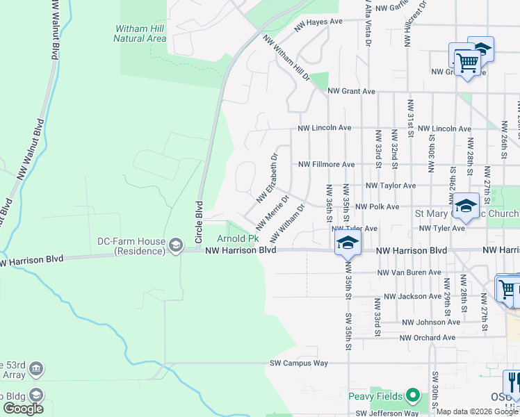 map of restaurants, bars, coffee shops, grocery stores, and more near 520 Northwest Elizabeth Drive in Corvallis