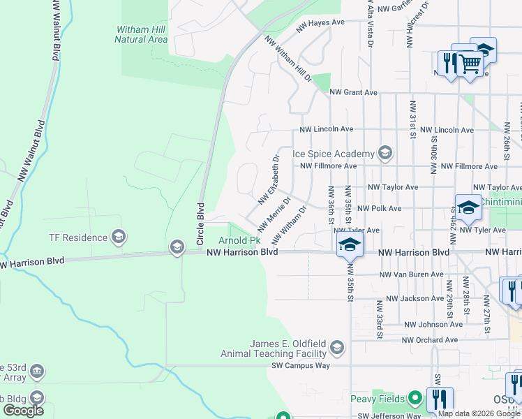 map of restaurants, bars, coffee shops, grocery stores, and more near 520 Northwest Elizabeth Drive in Corvallis