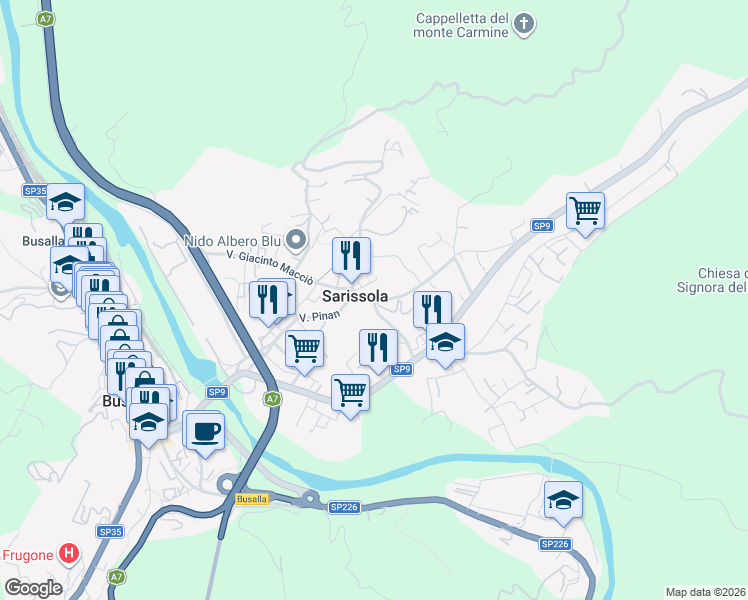 map of restaurants, bars, coffee shops, grocery stores, and more near Via Pinan in Busalla