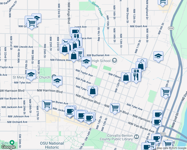 map of restaurants, bars, coffee shops, grocery stores, and more near 721 Northwest 17th Street in Corvallis