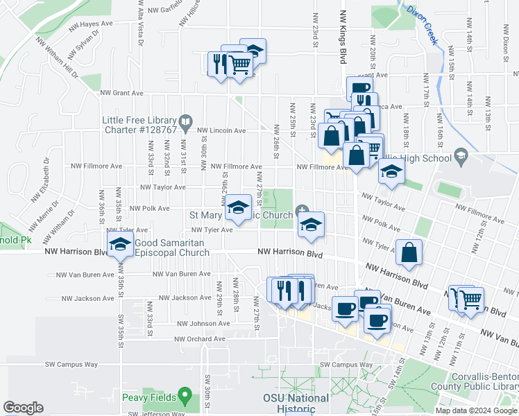 map of restaurants, bars, coffee shops, grocery stores, and more near NW 27th St & NW Polk Ave in Corvallis