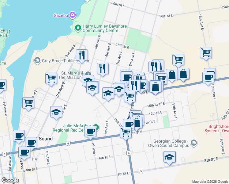 map of restaurants, bars, coffee shops, grocery stores, and more near 735 16th Street East in Owen Sound