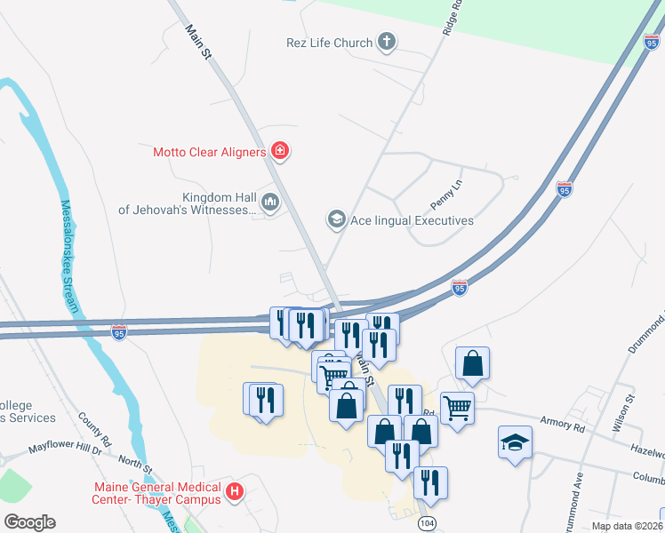 map of restaurants, bars, coffee shops, grocery stores, and more near 3 Ridge Road in Waterville