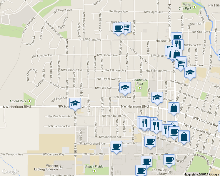 map of restaurants, bars, coffee shops, grocery stores, and more near NW Polk Ave & NW 30th St in Corvallis
