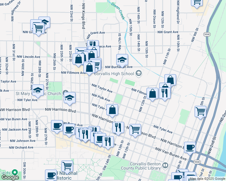 map of restaurants, bars, coffee shops, grocery stores, and more near 721 Northwest 17th Street in Corvallis